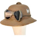WW2 Mk II German Africa Corps Tropical Helmet inc Sand Goggles. There is a small field repair to the