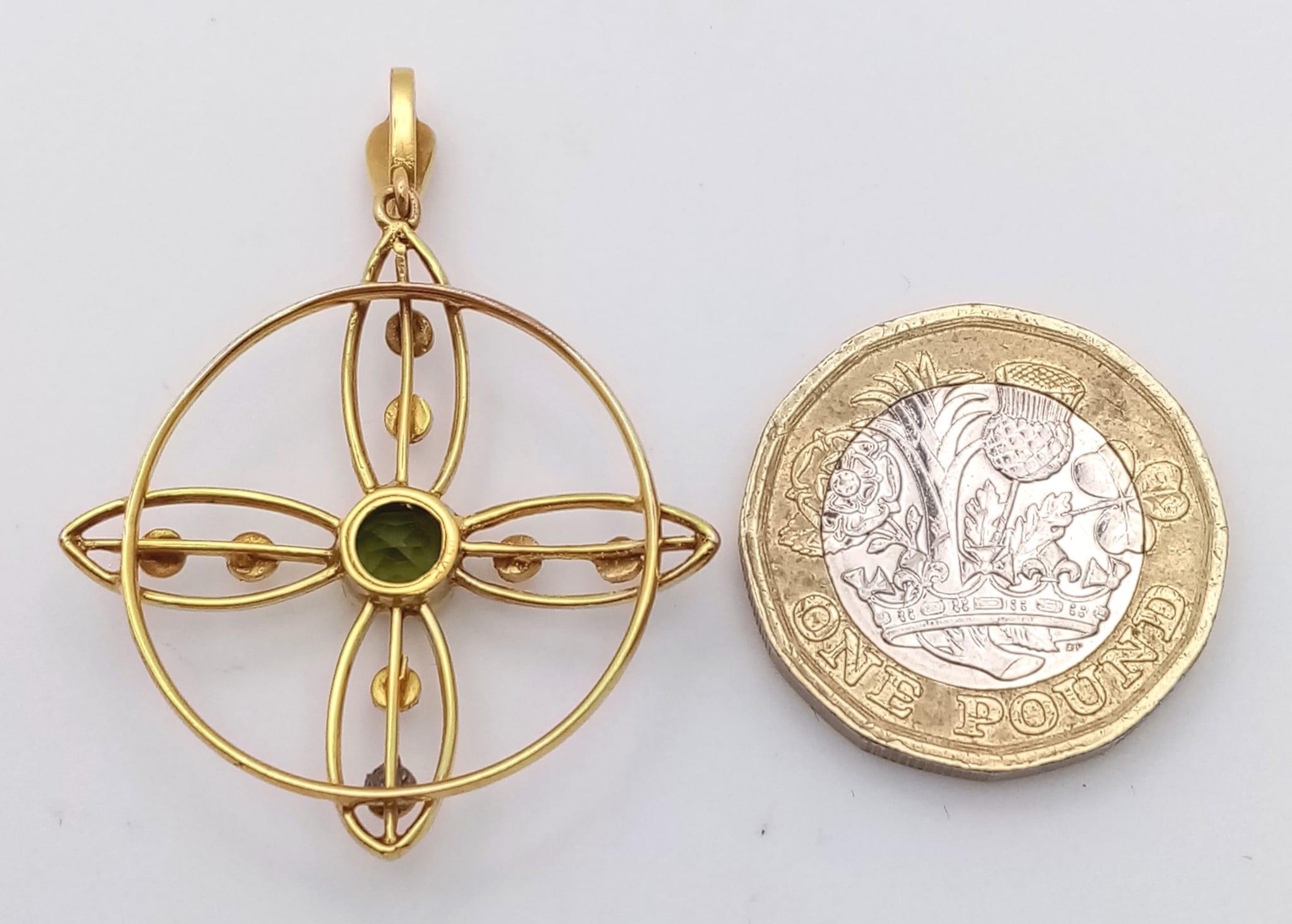 A 9K Yellow Gold, Peridot Drop Earring and Pendant Set. Both decorated with seed pearls. Pendant - - Image 3 of 7