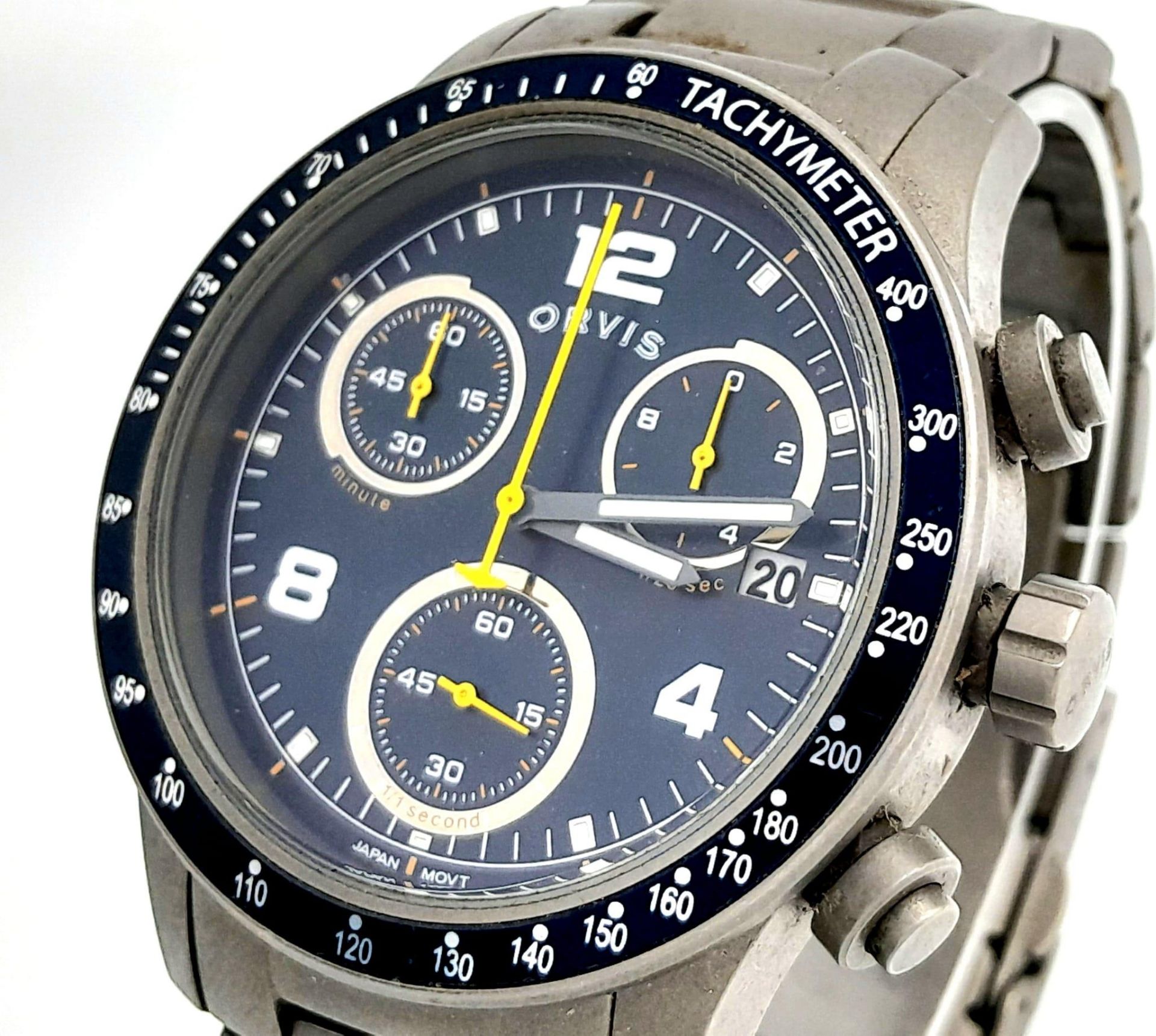 An Orvis Titanium Chronograph Gents Watch. Titanium bracelet and case - 43mm. Blue dial with three - Image 2 of 6