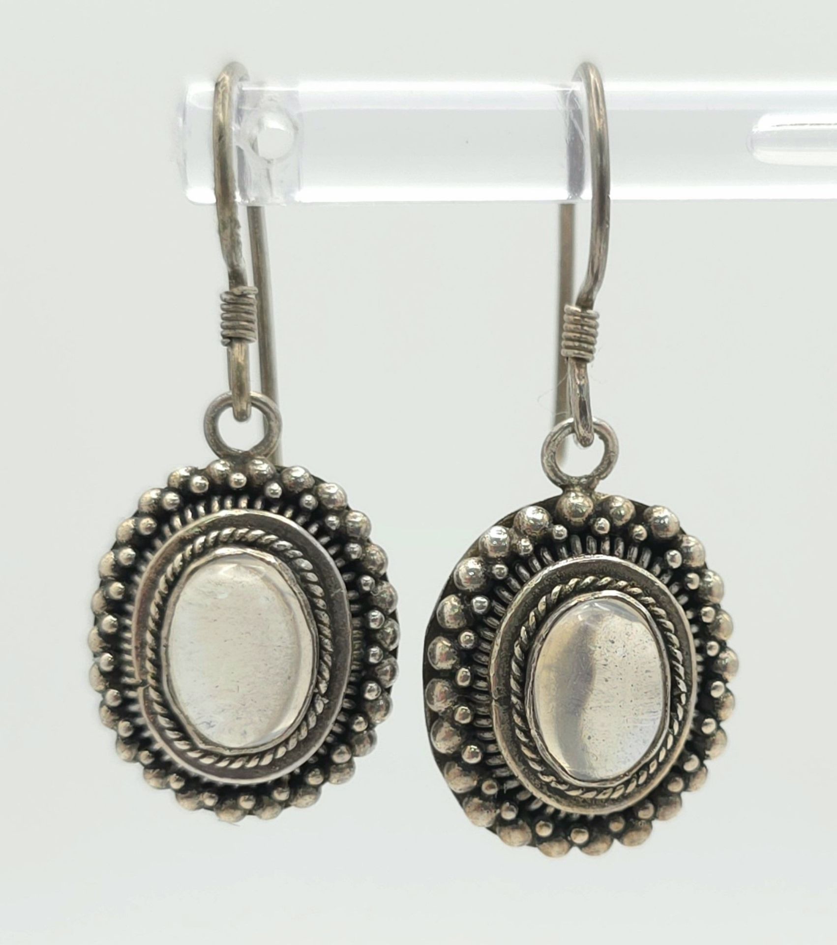 A Pair of Vintage Sterling Silver Moonstone Cabochon Earrings. 3.2cm Drop. Set with 8mm Oval Cut - Image 2 of 5