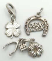 3 X STERLING SILVER LUCKY THEMED CHARMS - GOOD LUCK HORSESHOE, 4 LEAF CLOVER & DICE, AND HORSESHOE &