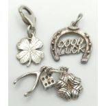 3 X STERLING SILVER LUCKY THEMED CHARMS - GOOD LUCK HORSESHOE, 4 LEAF CLOVER & DICE, AND HORSESHOE &