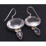 A Pair of Vintage Sterling Silver Quartz and Garnet Set Earrings. 4cm Length. Set with 1.9cm Long