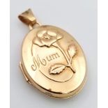 A 9K Yellow Gold 'Mum' Engraved Locket. 2.5cm. 1.8g weight.