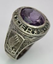 A vintage 925 silver faceted Amethyst ring with further decoration on shoulder. Total weight 13.