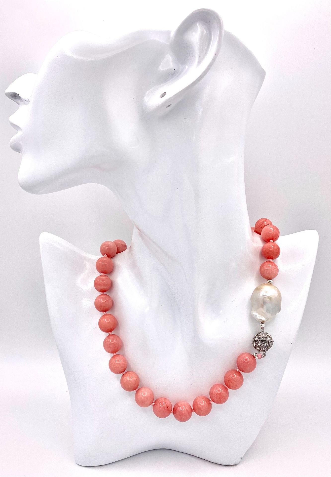 A Gorgeous Pink Rhodochrosite Beaded Necklace with Keisha Baroque Pearl Interrupter and