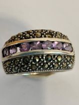 Magnificent vintage AMETHYST and SILVER MARCASITE RING. Having pave set Amethysts mounted to