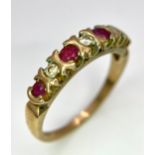 A vintage, 9 K yellow gold ring with a band of alternating round cut diamonds and rubies. Size: N,