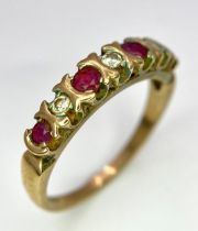 A vintage, 9 K yellow gold ring with a band of alternating round cut diamonds and rubies. Size: N,