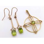 A 9K Yellow Gold, Peridot Drop Earring and Pendant Set. Both decorated with seed pearls. Pendant -