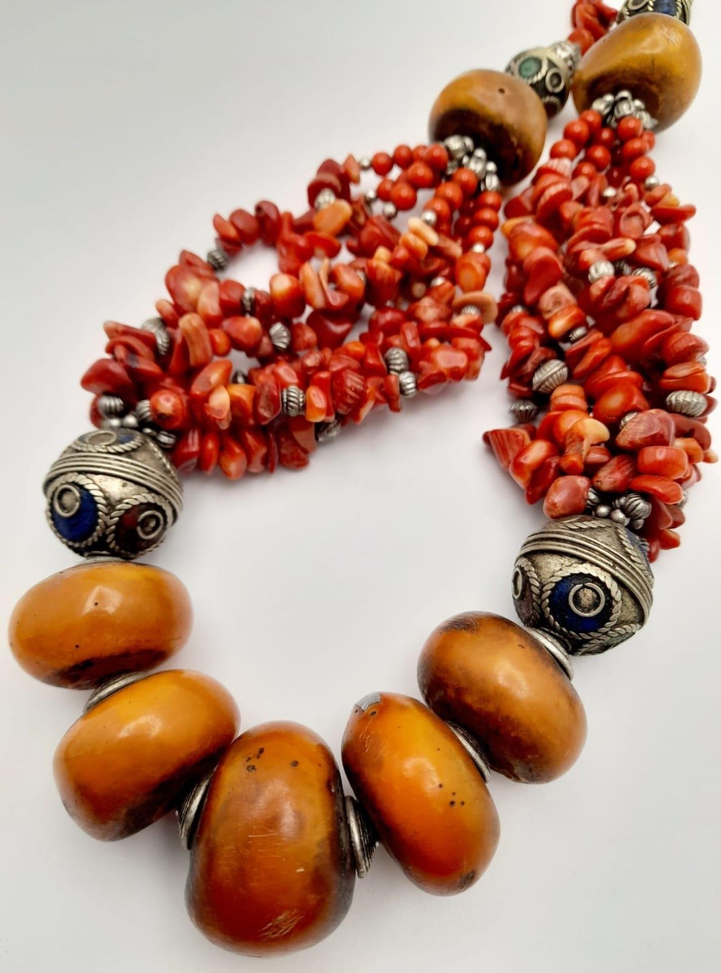 A Vintage Moroccan Berber Amber and Coral Necklace plus a pair of Amber Earrings. Necklace - Image 3 of 5