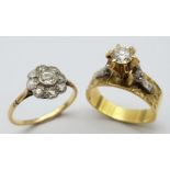 Two Different Style 18K Yellow Gold and Diamond Rings. An elevated 0.50ct brilliant round cut