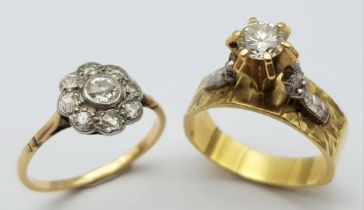 Two Different Style 18K Yellow Gold and Diamond Rings. An elevated 0.50ct brilliant round cut
