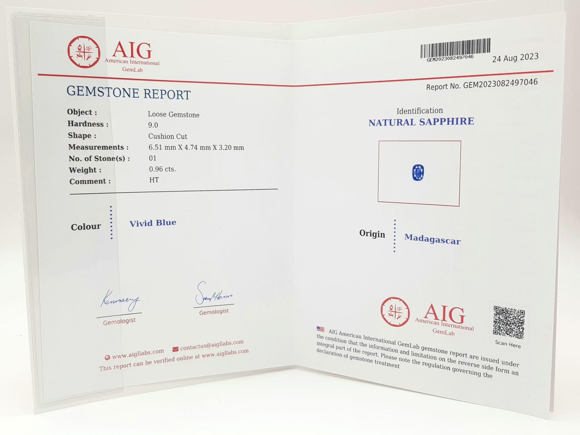 A 0.96ct Madagascan Blue Sapphire Gemstone - AIG Certified in a sealed container. - Bild 3 aus 4