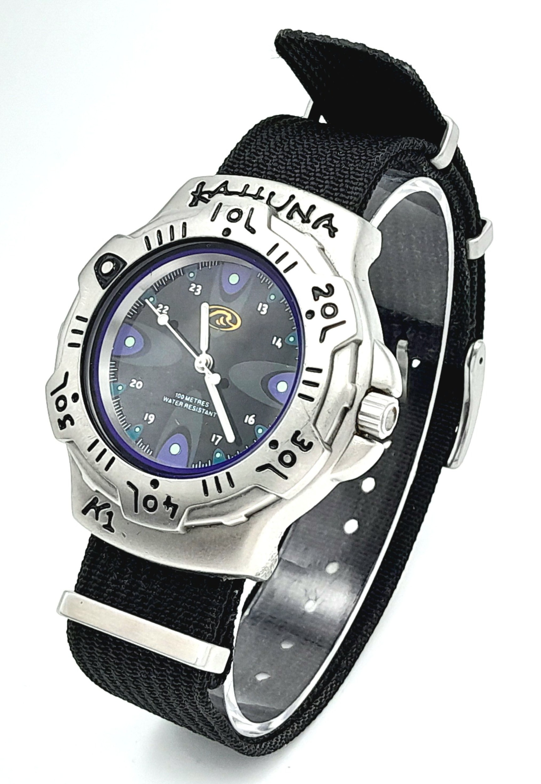 A Men’s Quartz Surf Watch by Kahuna. 45mm including crown. On a black WatchGecko military Nato