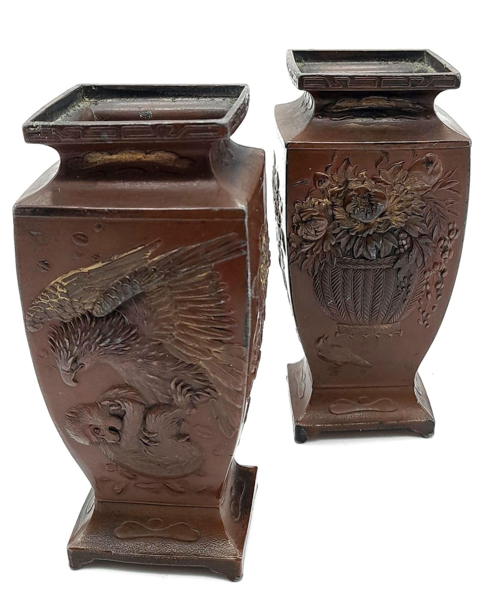An Antique Pair of Miniature Bronze Vases. Wonderful detail climaxing in an Eagle attacking a