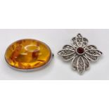 Two Different Style Silver Brooches. Amber and Garnet. Both 3.5cm. Ref: 66001R.