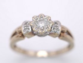 A Vintage circa 1970’s, Art Deco Style, London Hallmarked 9K Gold 5 Diamond Set Ring. Size N. Set