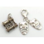 2 X STERLING SILVER THEATRE THEMED CHARMS - COMEDY & TRADEGY MASKS, AND BINOCULARS. 2.6cm and 1.