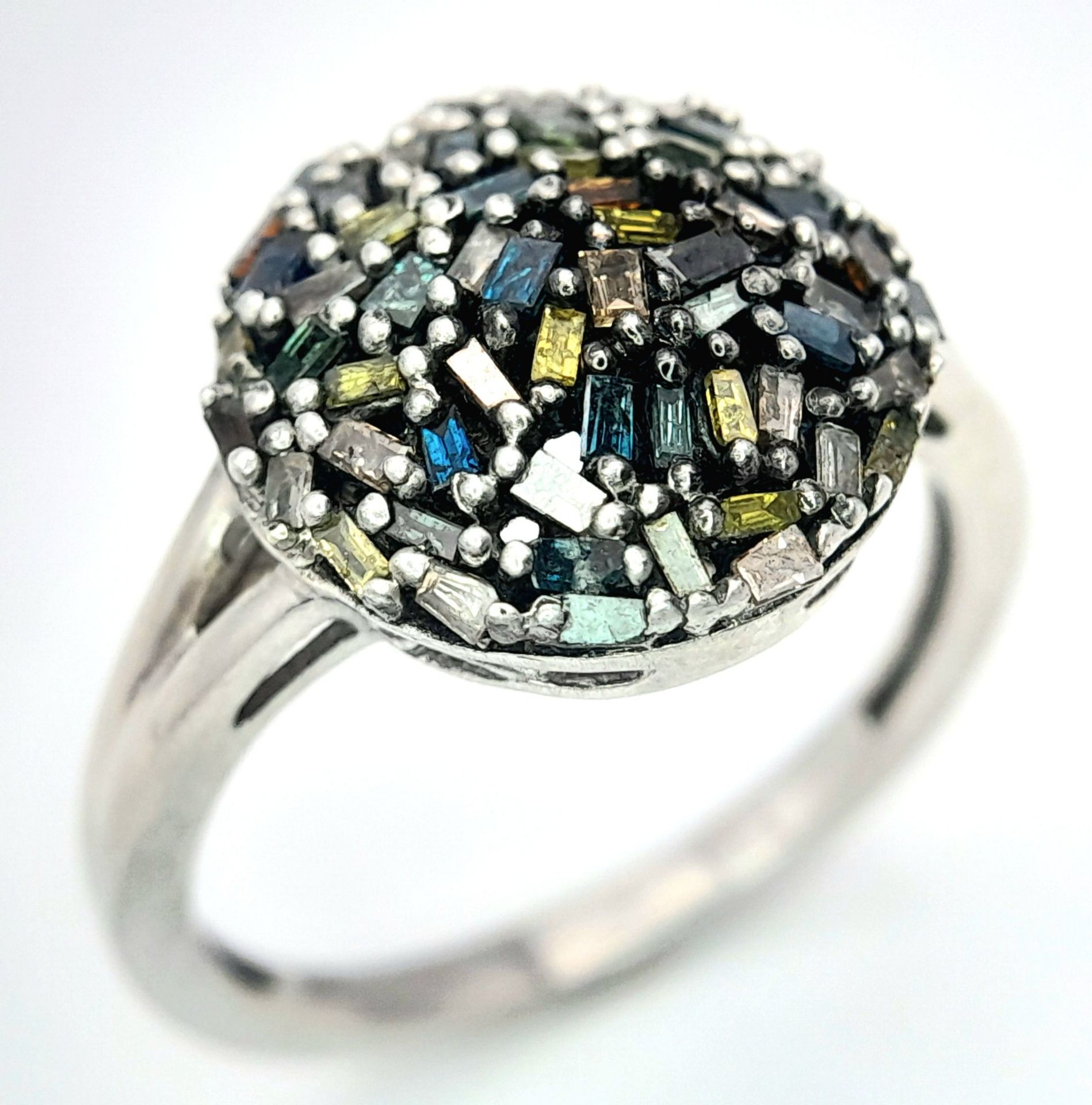 A Fancy Multi-Coloured Diamond 925 Silver Ring. Size T. 4.6g weight.
