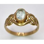 A Vintage 9K Yellow Gold Aquamarine Ring. Central oval aquamarine in a raised setting. Size S. 2.