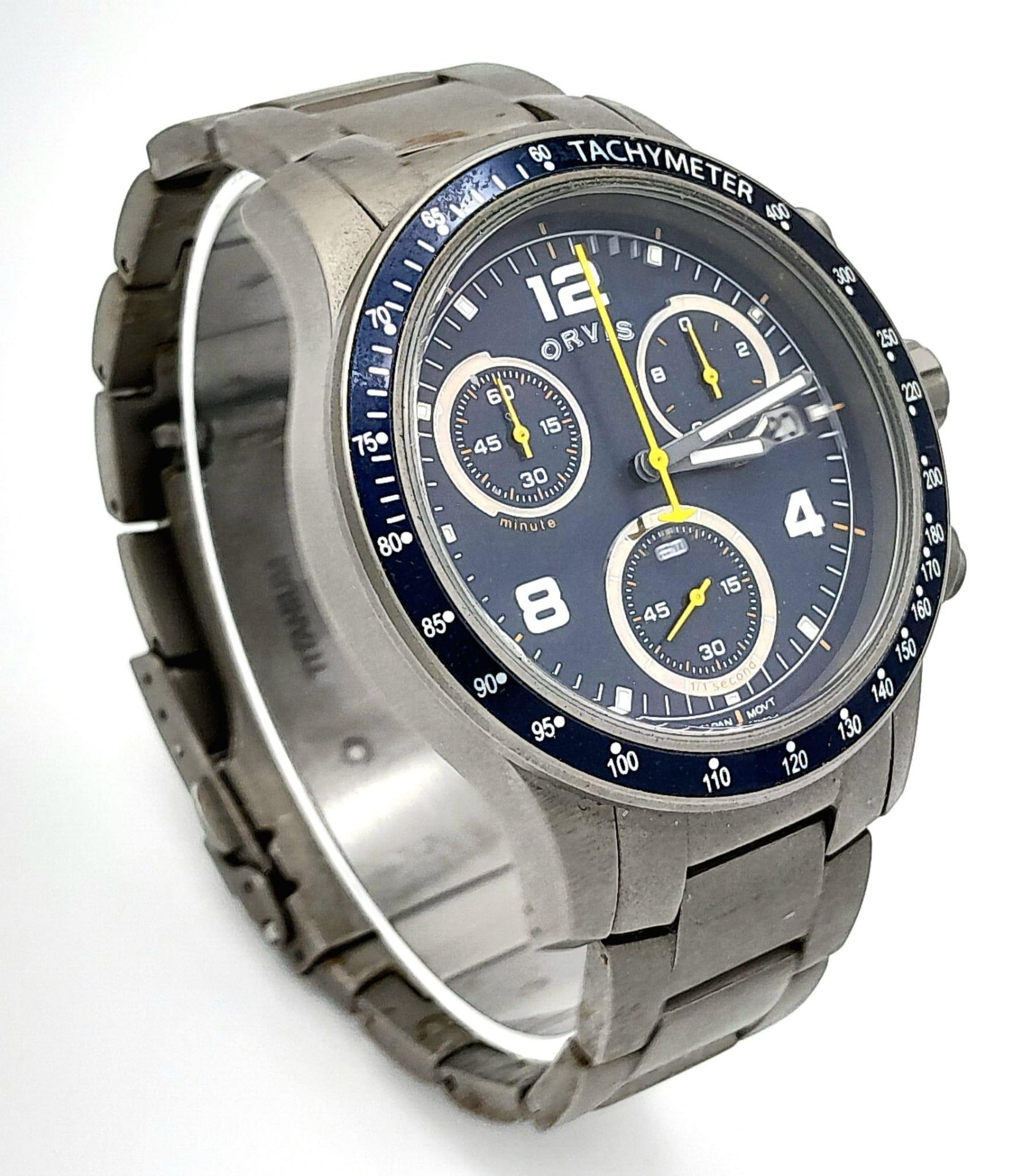 An Orvis Titanium Chronograph Gents Watch. Titanium bracelet and case - 43mm. Blue dial with three - Image 3 of 6