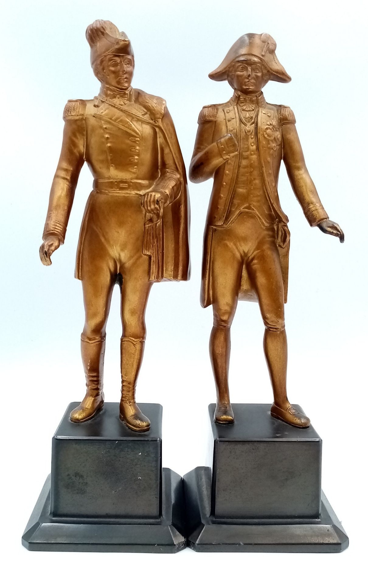 A Pair of Cast Bronze Napoleonic Figures of Nelson and Wellington on Bakelite Plinths. 24cm Tall.