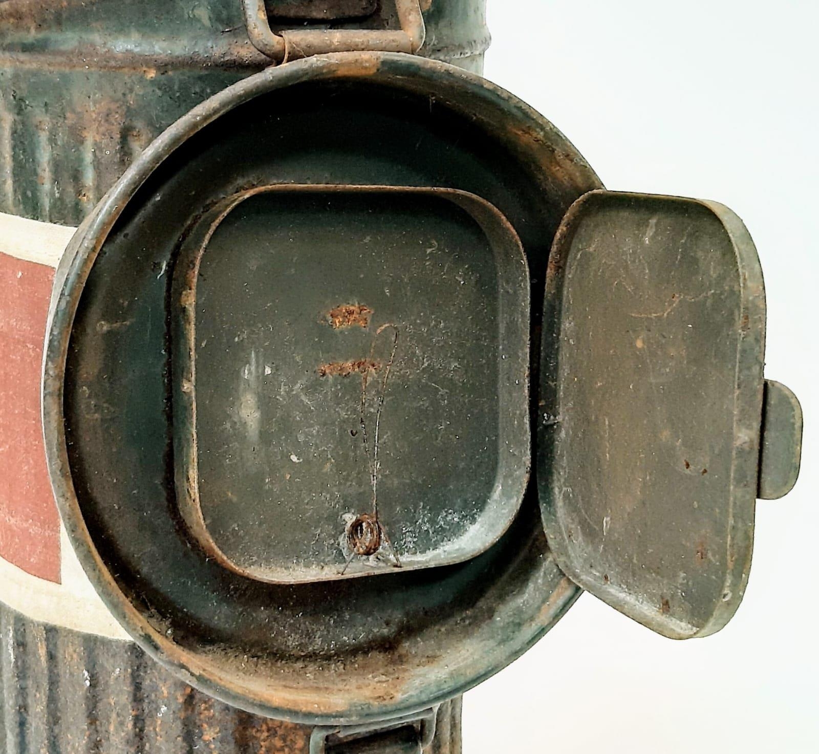 WW2 German Medics Gas Mask Canister. Genuine Period Medics Armband tied around the tin. Traces of - Image 4 of 5