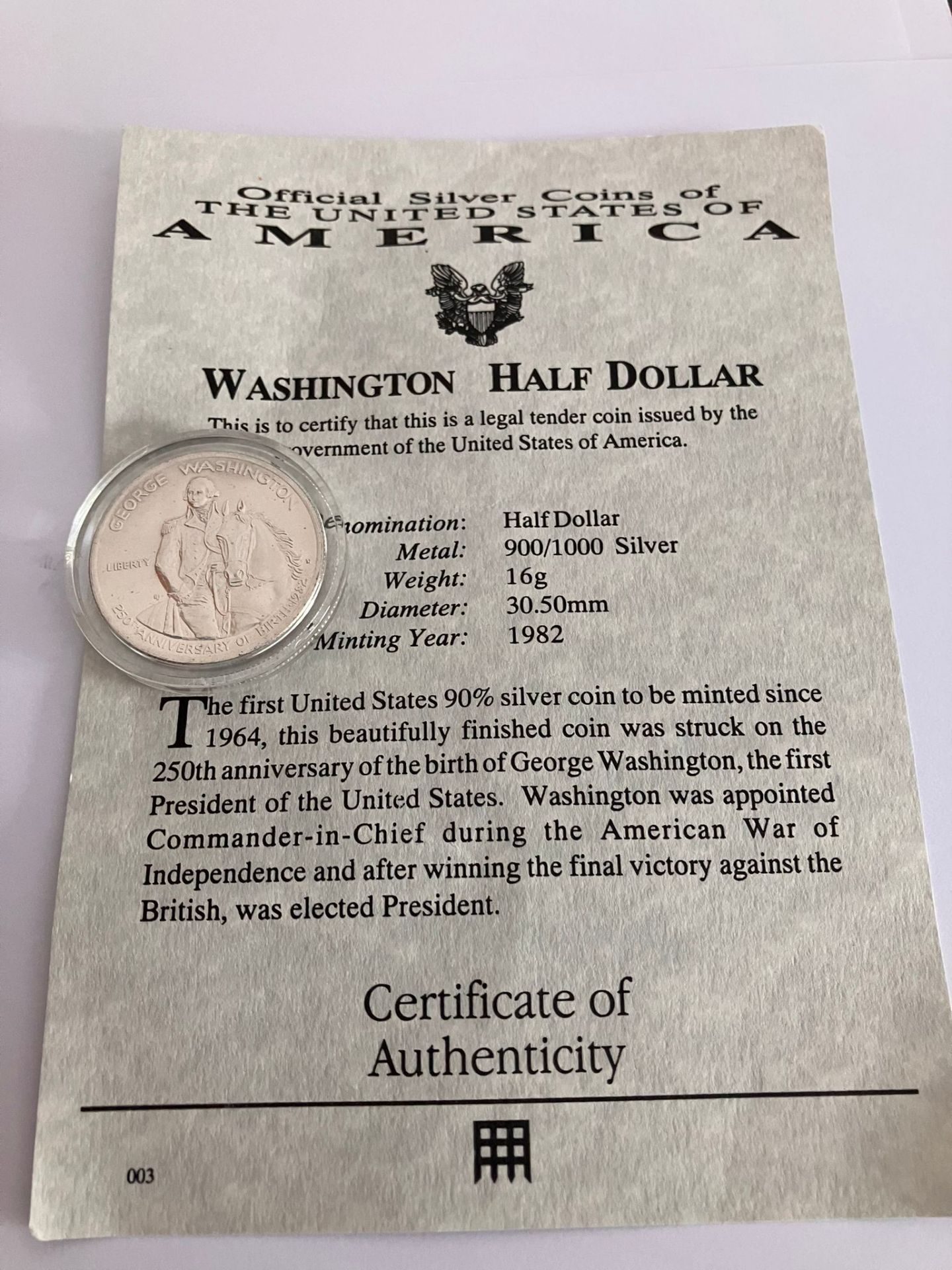 SILVER GEORGE WASHINGTON HALF DOLLAR 1982 .Minted in 1982 to commemorate 250 years since the birth - Bild 4 aus 5