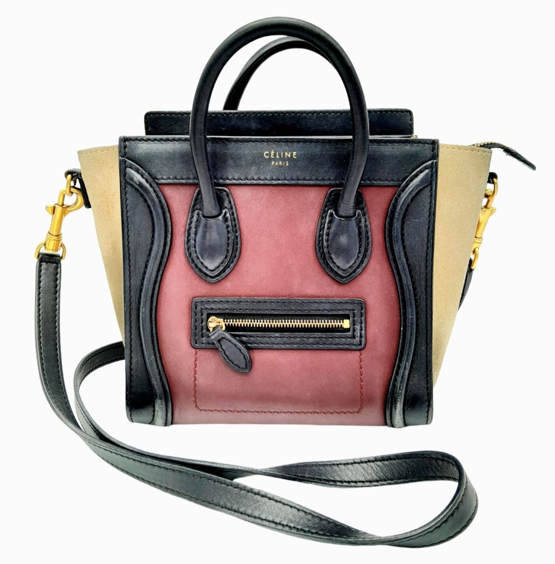 A Celine Tri Colour Hand/Shoulder Bag. Burgundy and black leather exterior with soft textile