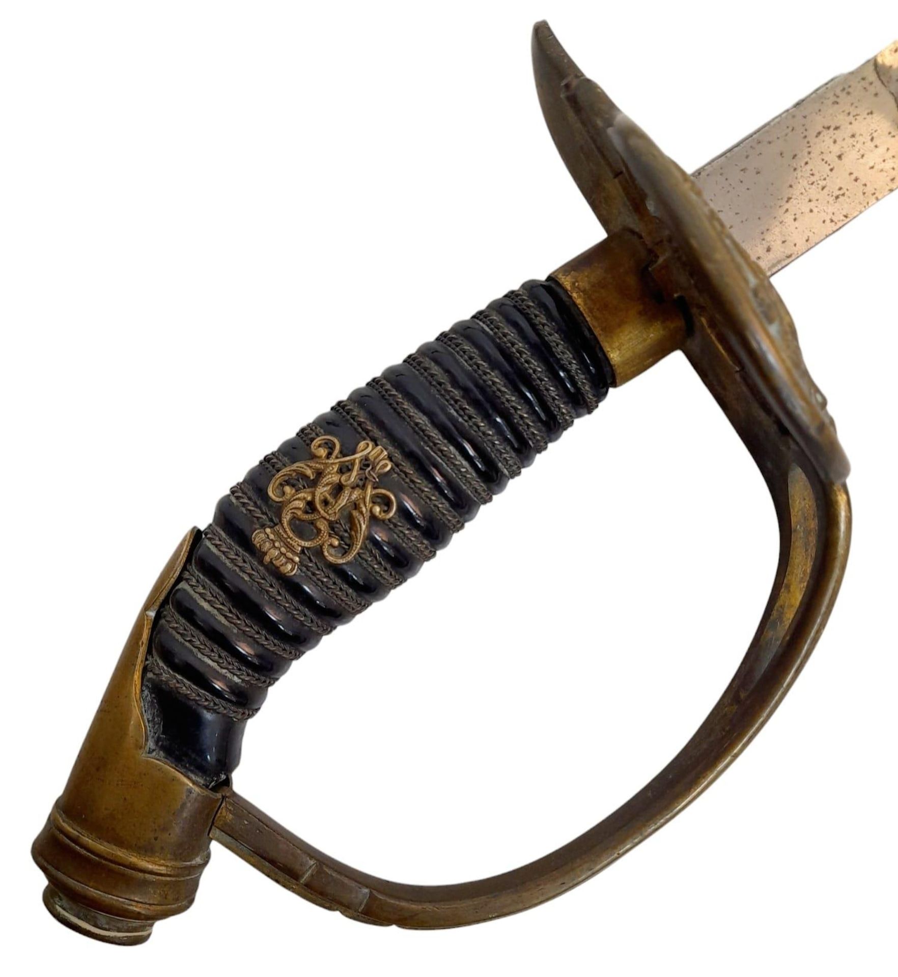 An Antique Prussian Cavalry Sword. Straight blade. Markings of A C S with a scale. Gilt brass hilt - Bild 5 aus 6