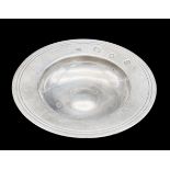 A SOLID SILVER ARMADA TYPE DISH . 48.8gms 8cms DIAMETER