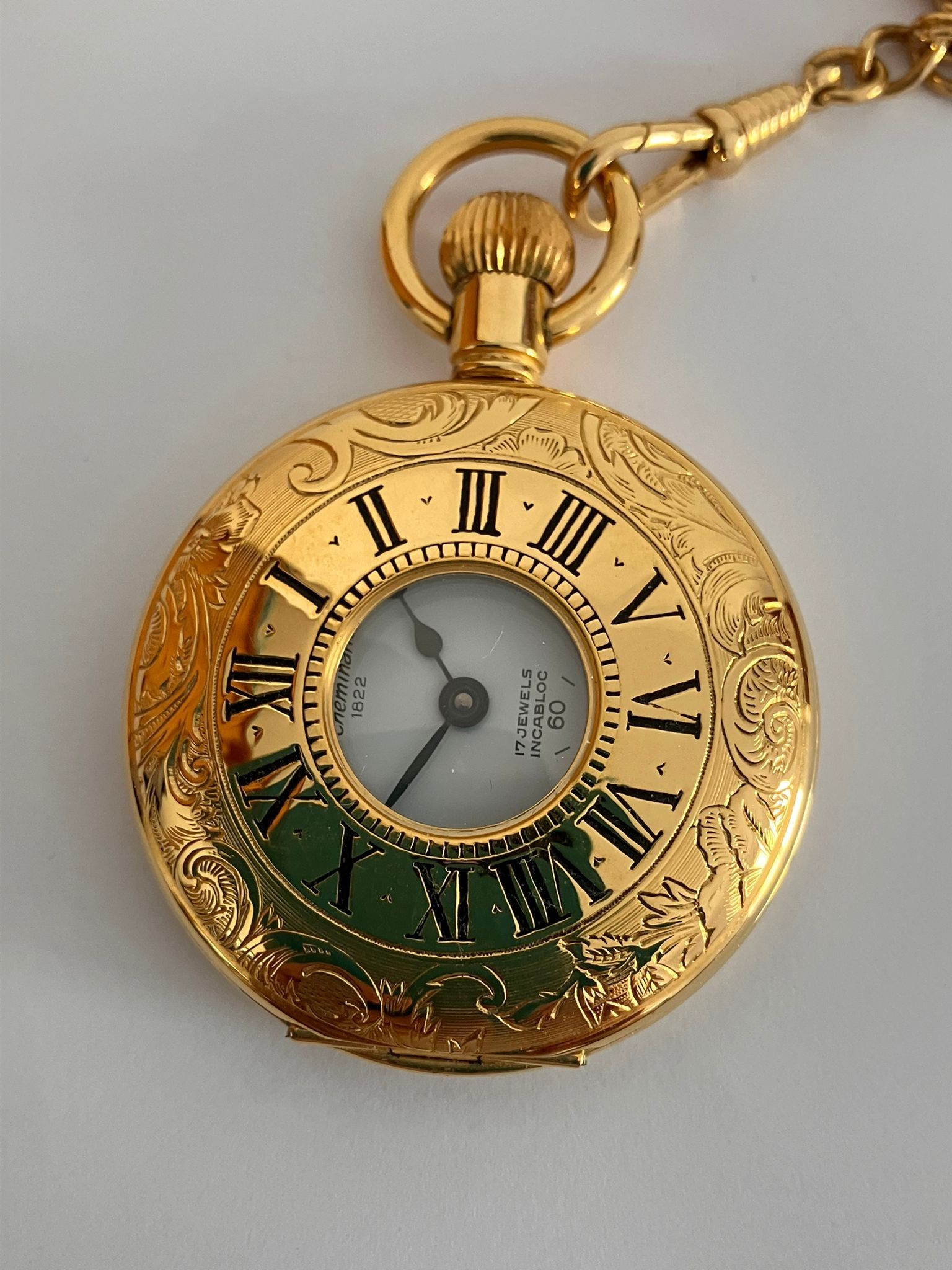 Le CHEMINANT Gilded HALF HUNTER POCKET WATCH.Having gilded chain with clasp and T-bar. Manual - Image 4 of 11