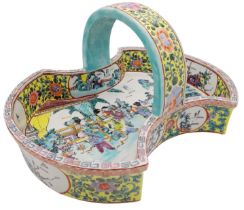 A Large Chinese Famille Rose Ceramic Hand Basket. Beautifully decorated with floral and courtyard
