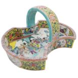 A Large Chinese Famille Rose Ceramic Hand Basket. Beautifully decorated with floral and courtyard