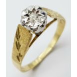 A 9K YELLOW GOLD VINTAGE DIAMOND RING. SIZE P. 1.9G
