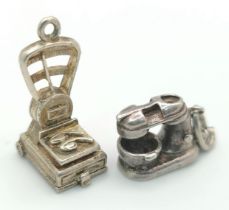 2 X STERLING SILVER FOOD THEMED CHARMS - ELECTRONIC MIXER AND SCALES. 2cm and 2.2cm length, 7g total