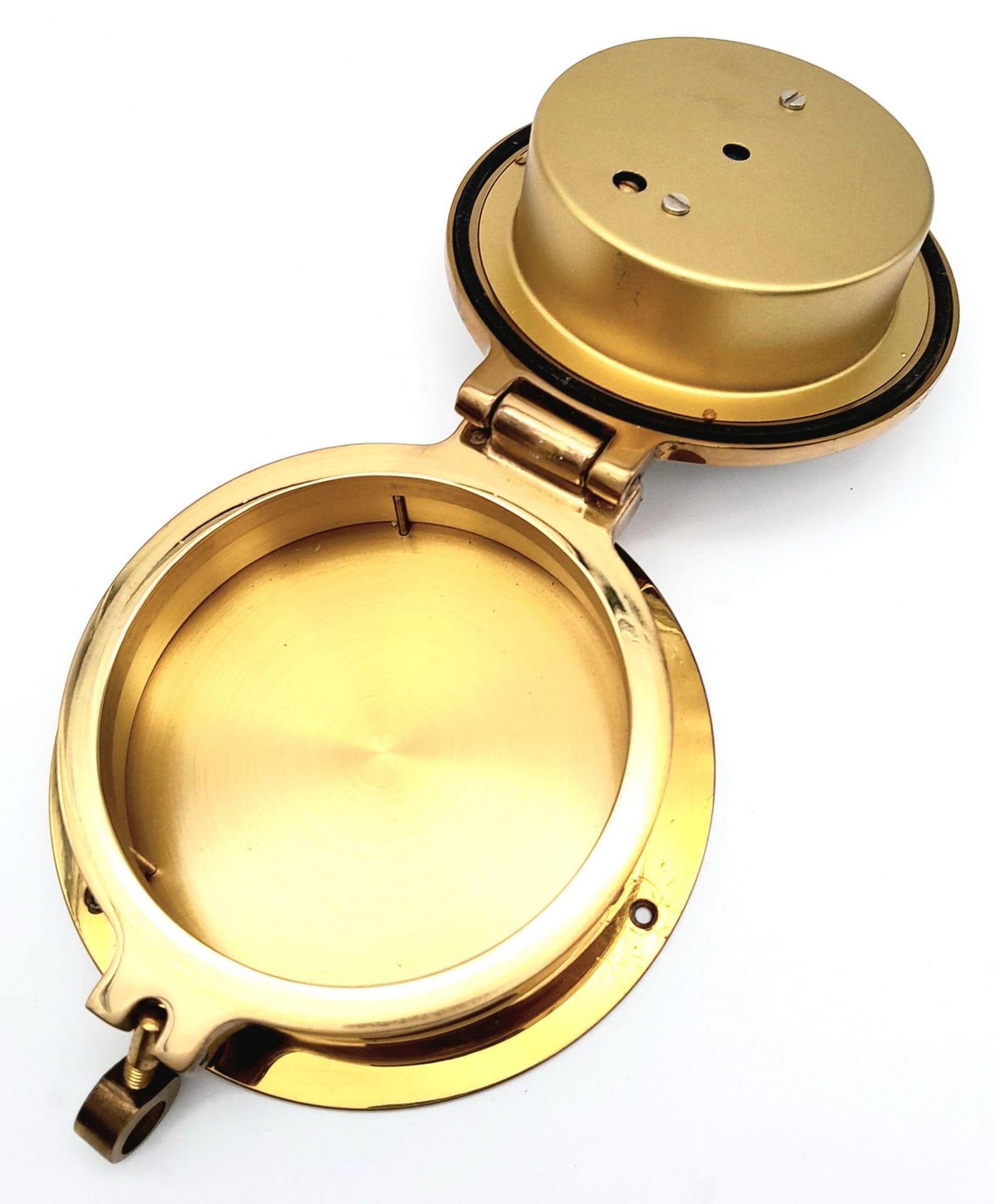 A Nautical, polished brass, KELVIN HUGHES barometer, having the shape of a ship-cabin’s porthole, - Image 6 of 7