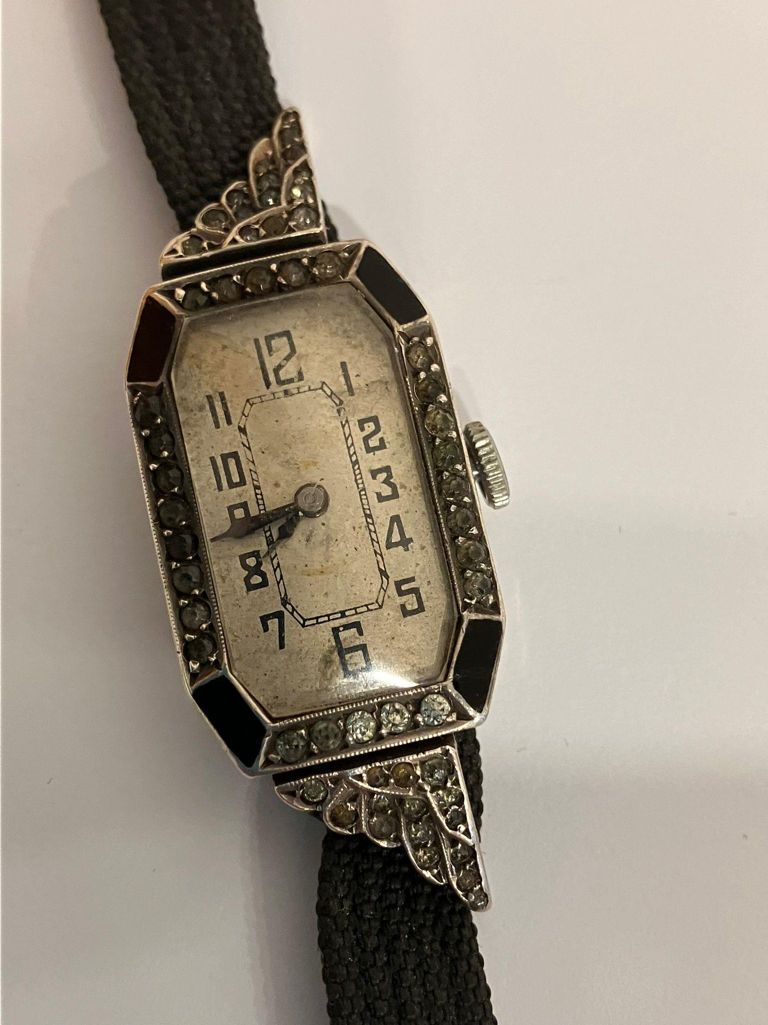 Ladies Vintage Art Deco SILVER WRISTWATCH with BLACK ONYX and MARCASITE DETAIL. Hallmark for 1924