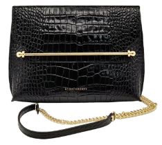 A Strathberry Black THE STYLIST Crossbody Bag. Crocodile embossed leather exterior with gold-toned