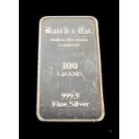 A FINE SILVER 999.9 BAIRD & CO BULLION MERCHANTS LONDON BAR. 5.7cm length, 100g weight. Ref: SC 8081