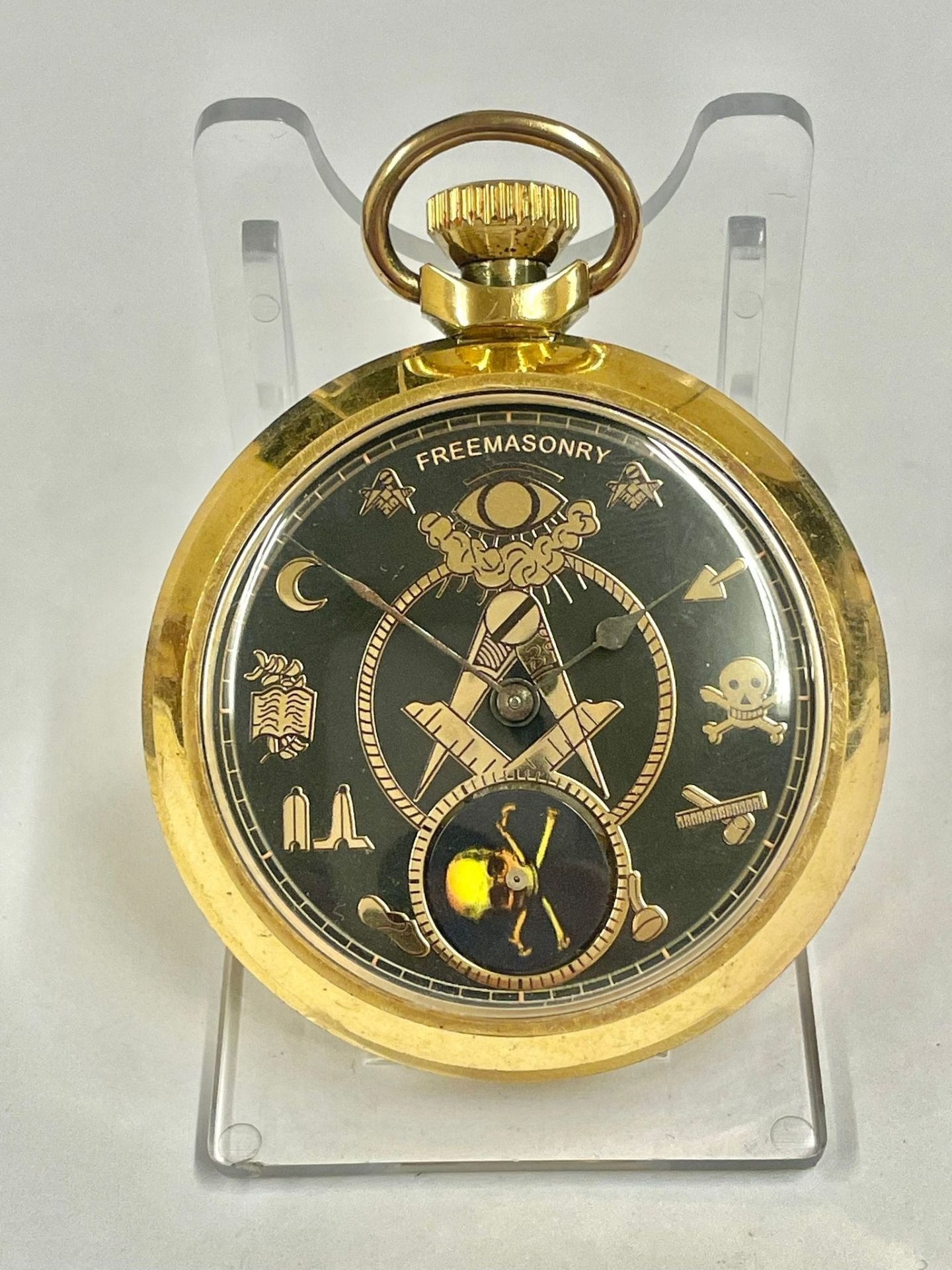 Vintage Masonic automaton pocket watch , rotating skull on disk as watch ticks . Working