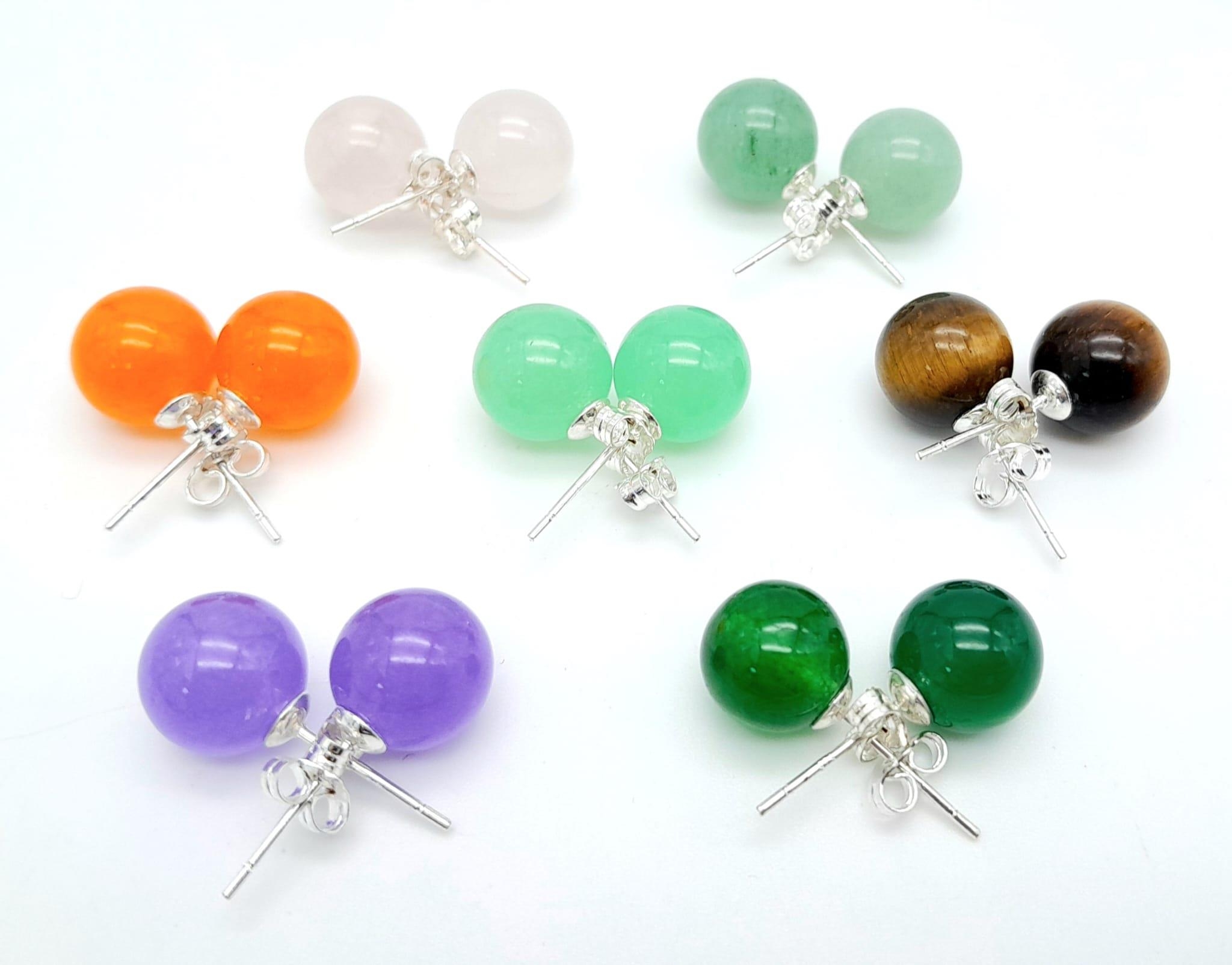 Seven Different Coloured Pairs of Jade Ball Stud Earrings set in 925 Silver. - Image 2 of 4
