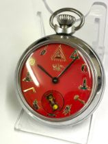 Vintage Masonic automaton pocket watch , hourglass rotates as watch ticks Working