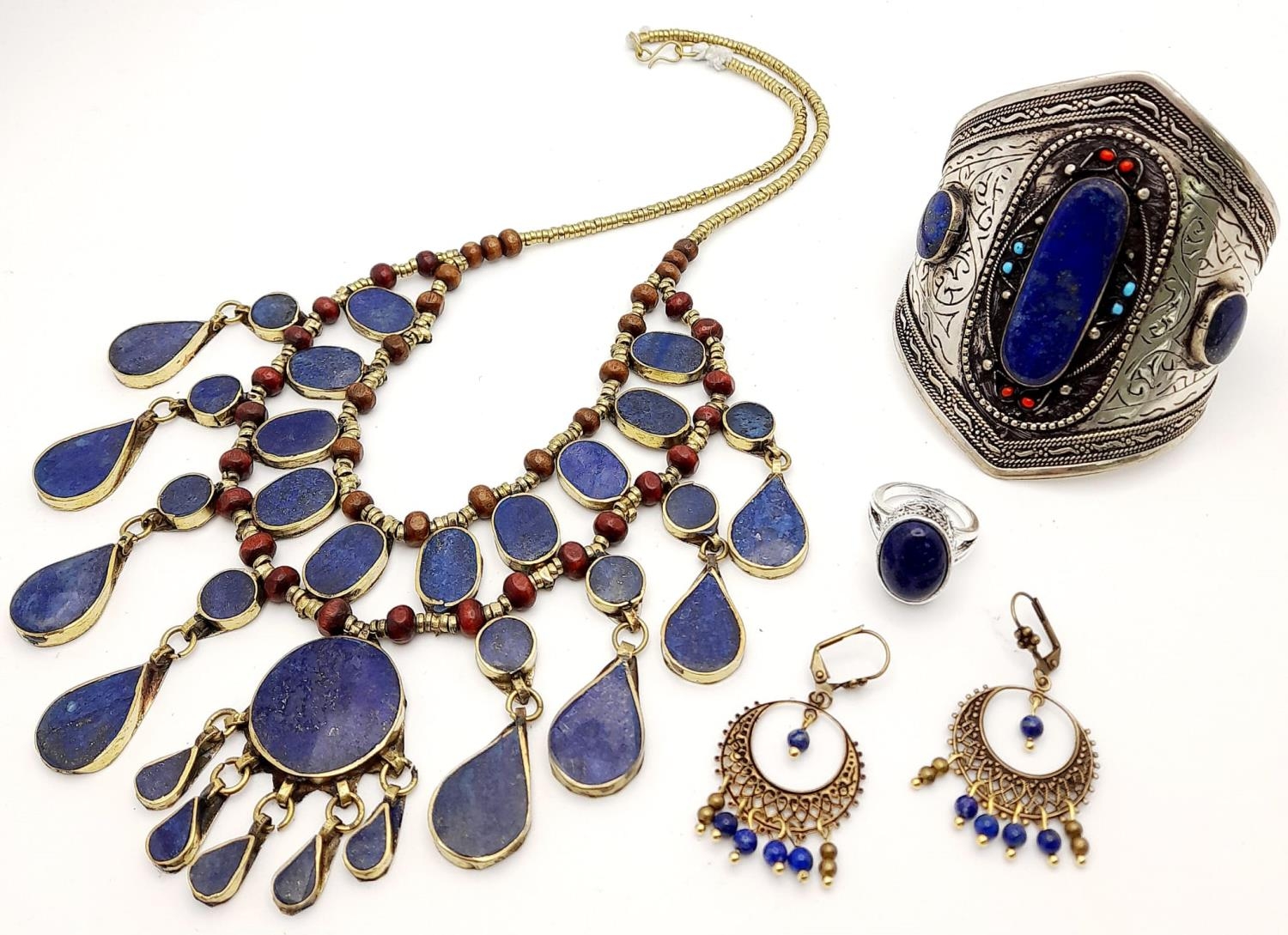 A Lapis Lazuli Jewellery Suite Comprising of: Cuff bracelet, ring - N, earrings and necklace - 44cm