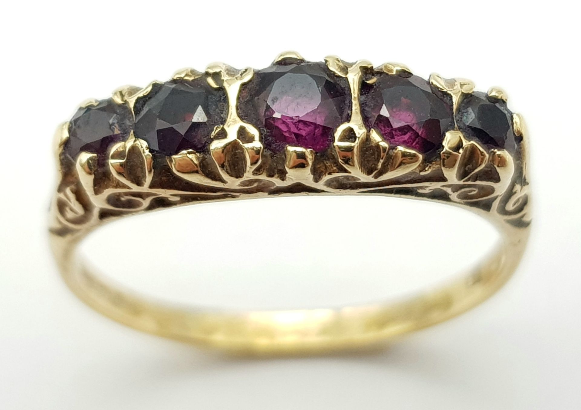 A Vintage 9K Yellow Gold Five Stone Garnet Ring. Size R. 2.8g total weight. - Image 2 of 5