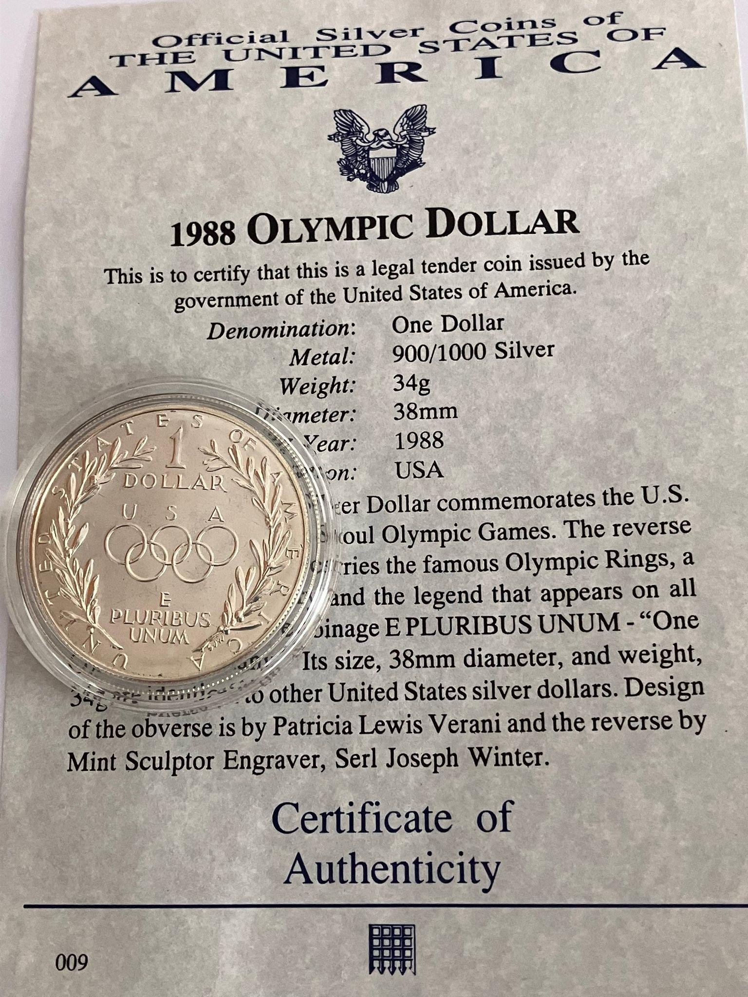 1988 OLYMPIC SILVER DOLLAR. Condition very fine ,appears a little dirty inside capsule. Complete - Image 2 of 2