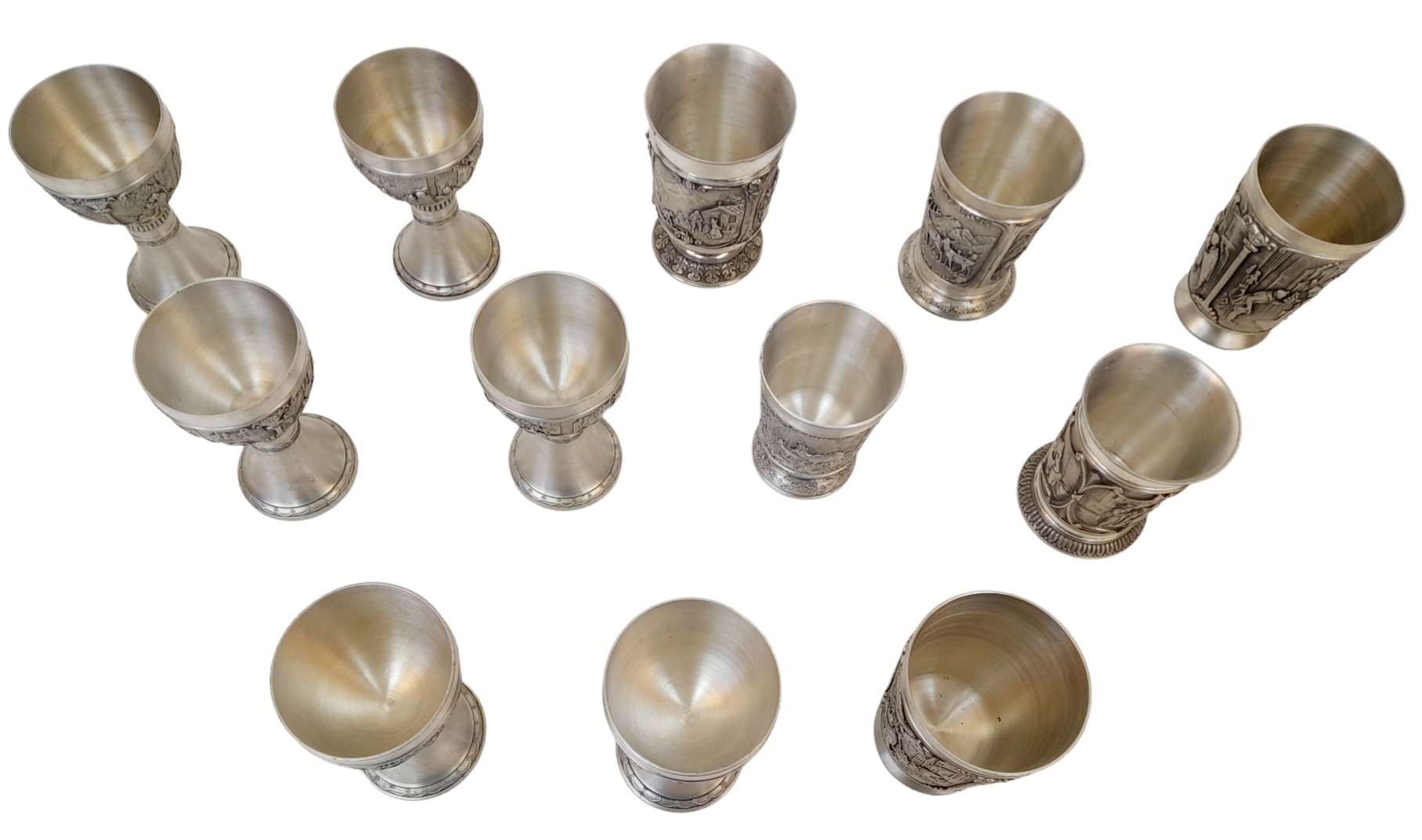Two Sets (12 total) of German Zinn Ornate Pewter Cups. Six goblets and six slightly different - Image 3 of 5