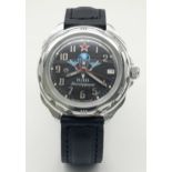 A Vostok Automatic Gents Watch. Black leather strap and stainless steel case - 40mm. Black dial with