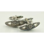 A PAIR OF 18K WHITE GOLD (STAMPED & TESTED) DIAMOND SET VIVIENNE WESTWOOD CUFFLINKS. 2.5cm length,